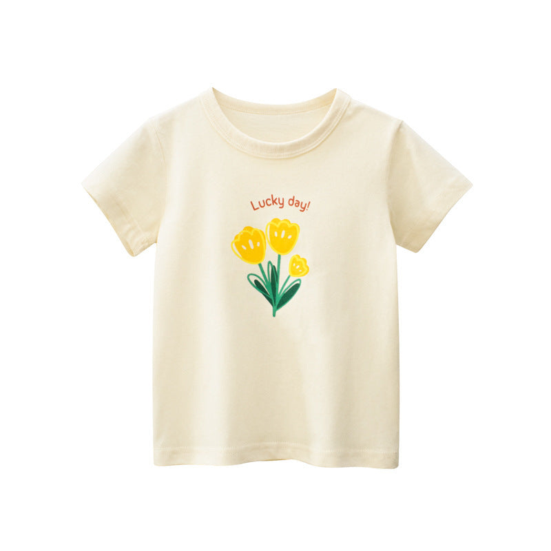 Short-sleeved T-shirt For Girls Flower Print Top