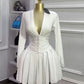 French-style Womens Pleated V-neck Long-sleeve Dress