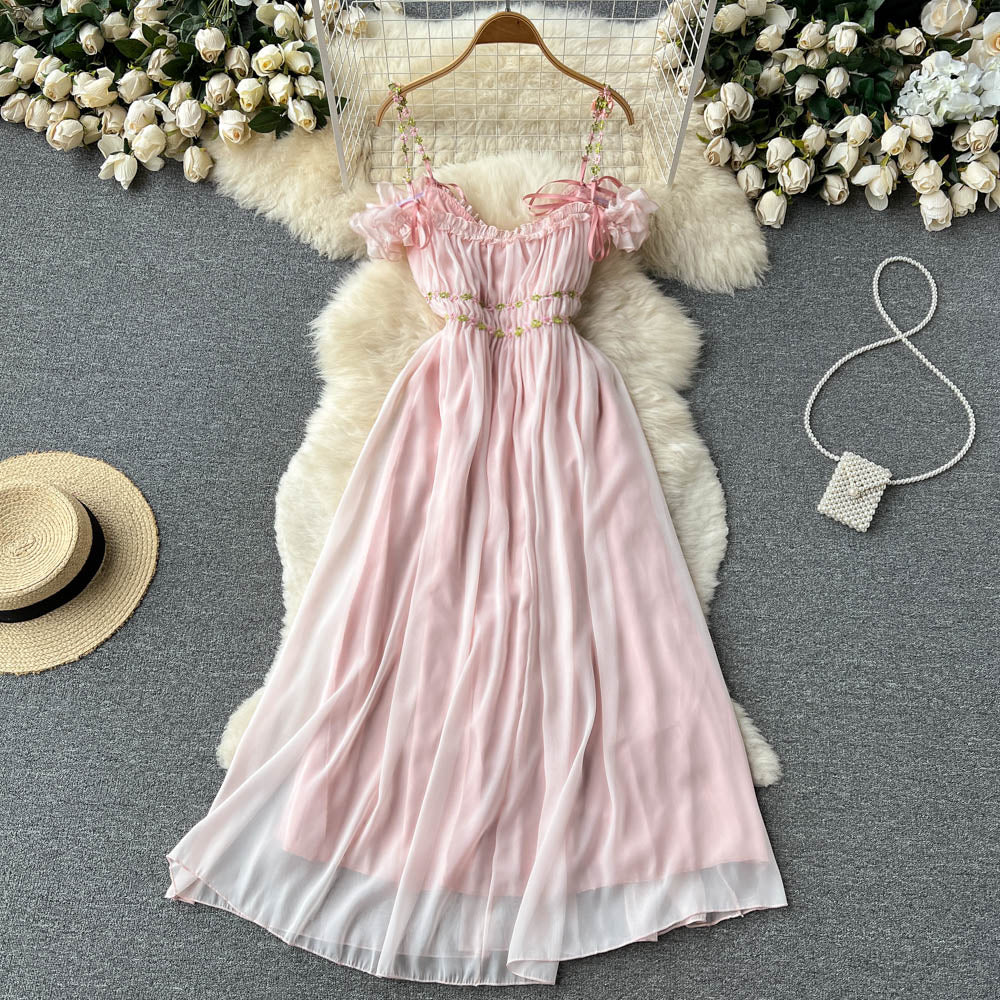 Super Fairy Temperament Sweet V-neck Pleated Pleated Skirt
