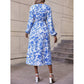 Floral Print Lantern Sleeve Slit Thigh Lace-up Waist
