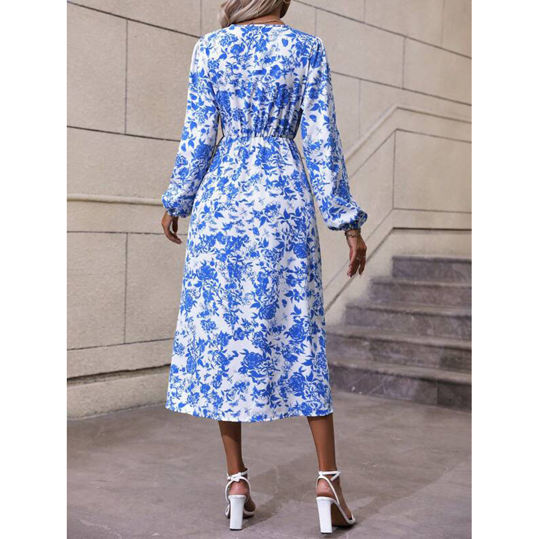 Floral Print Lantern Sleeve Slit Thigh Lace-up Waist