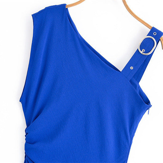 Blue Asymmetric Buckle Oblique Shoulder Strap Dress