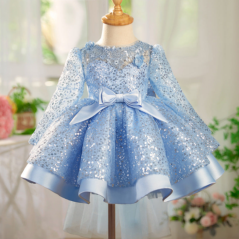 Girls' Creative Blue Sequins Puffy Gauze Princess Dress