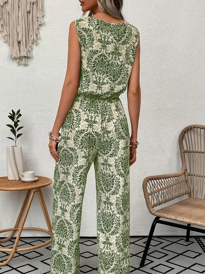 Womens Printed Sleeveless Top And Wide-Leg Pants Set