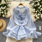 Womens Solid-Colored V-Neck 3D Floral Lace-Up Ruffled Chiffon Dress