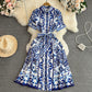 Waist Slimming Single-breasted Celadon Printing A-word Shirt Dress