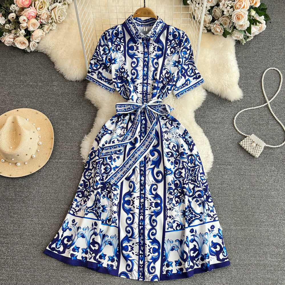 Waist Slimming Single-breasted Celadon Printing A-word Shirt Dress