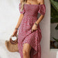 New European And American-style Square-neck Puffed-sleeve Floral-print Dress