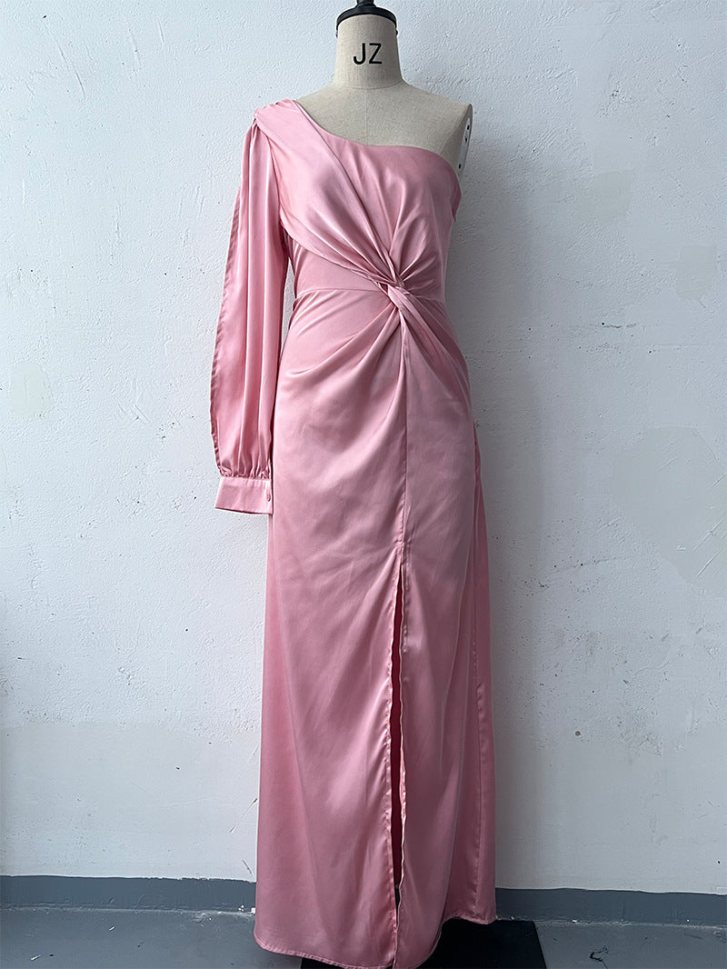 Diagonal Collar Raglan Sleeve Pleated Waist Tight Split Long Dress