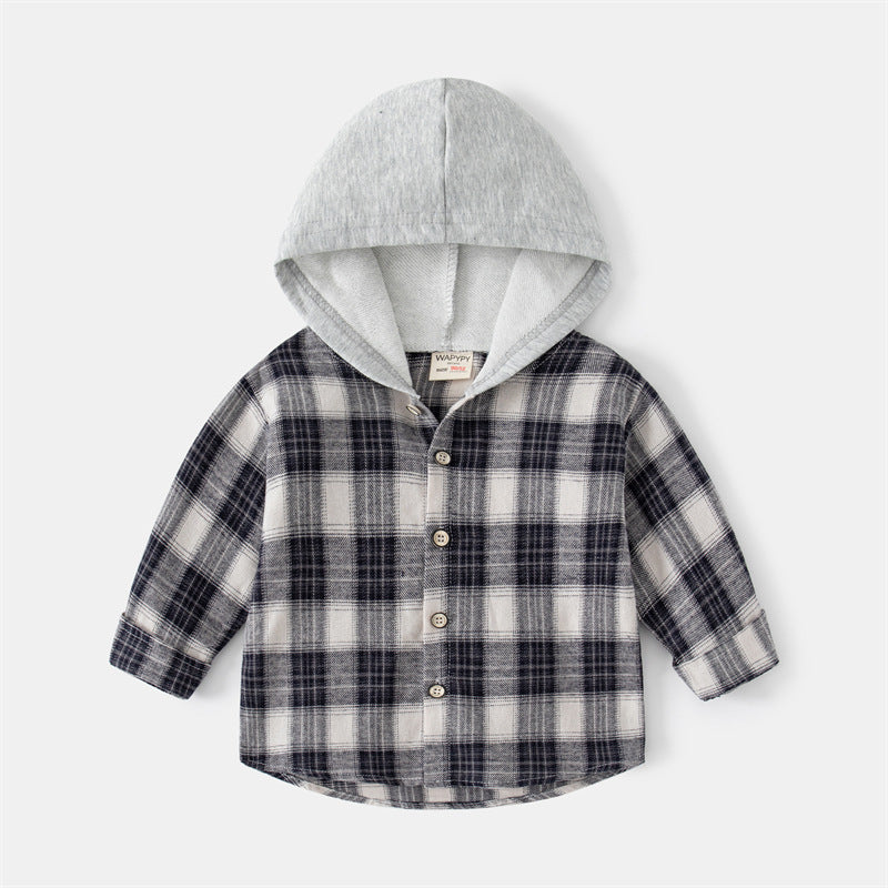 Korean Style Children's Long-sleeved Shirt Baby Plaid Hooded Shirt Trendy