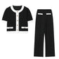Contrast Color Beaded Leather Round Neck Top Stretch High-waisted Trousers Suit