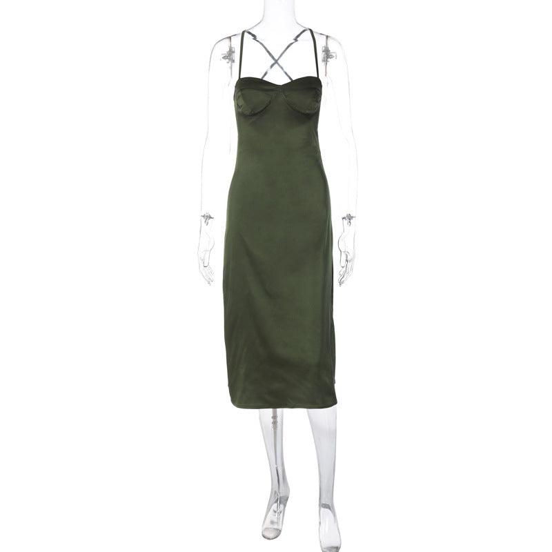 Robe élégante et sexy à bretelles et dos nu, couleur unie