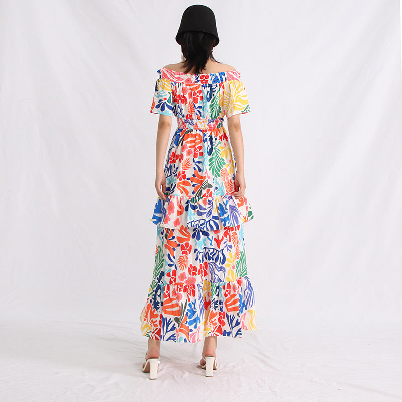 Summer Boat Neck Wooden Ear Design Short Sleeve High Waist Cake Dress