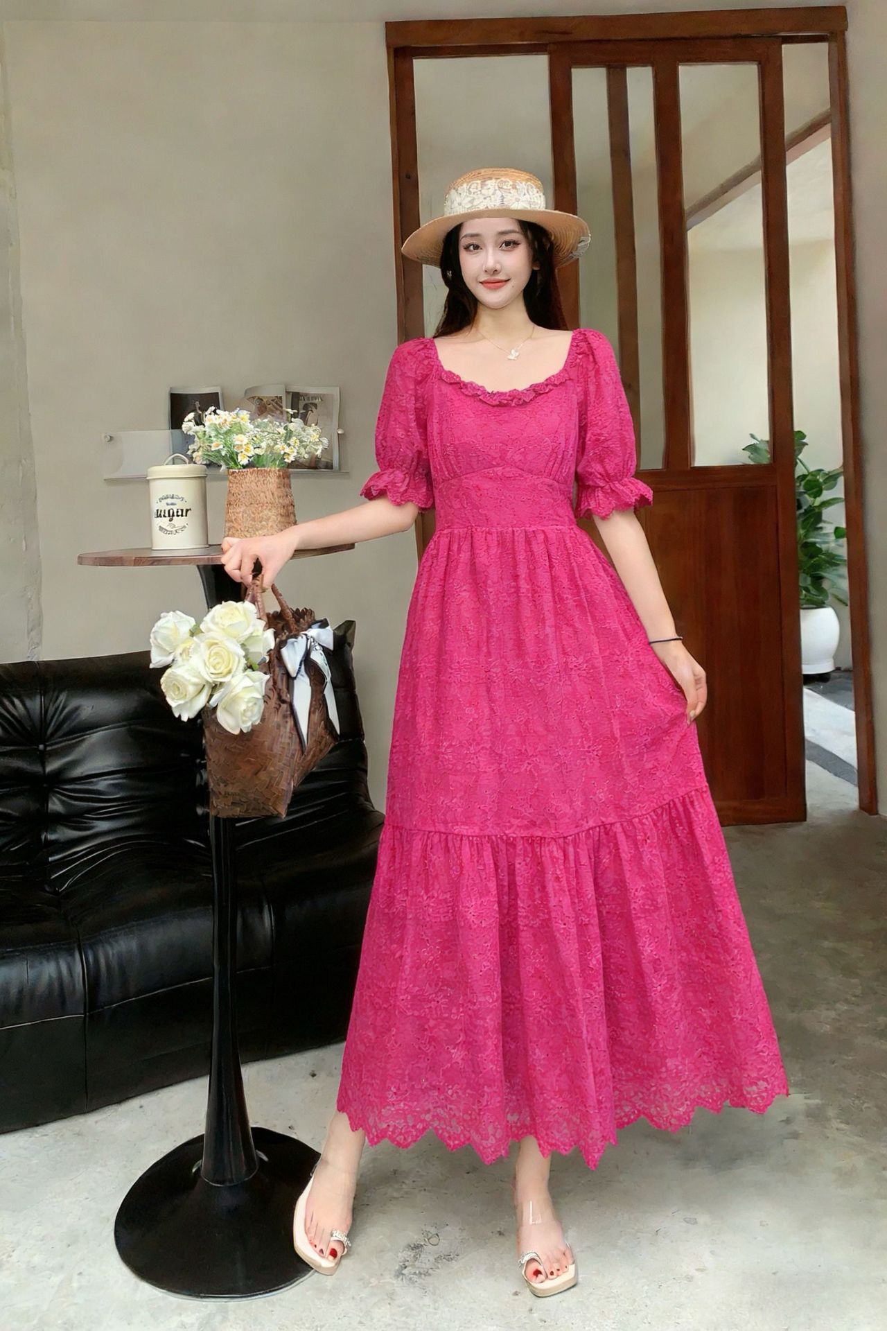 Women's French Retro A-Line Hollow-out Short-Sleeve Dress