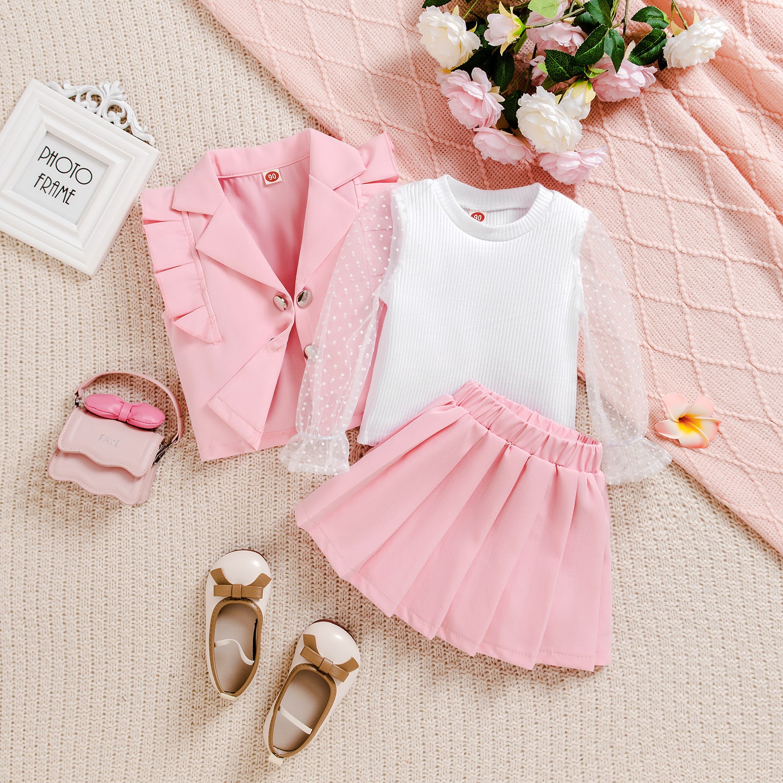 Polka Dot Mesh Sleeve Top Pleated Skirt Sweet Temperament
