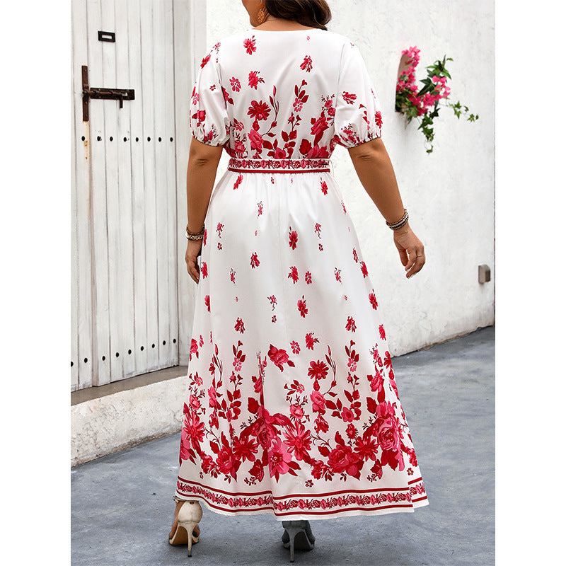 Retro V-neck Printing Dress European And American
