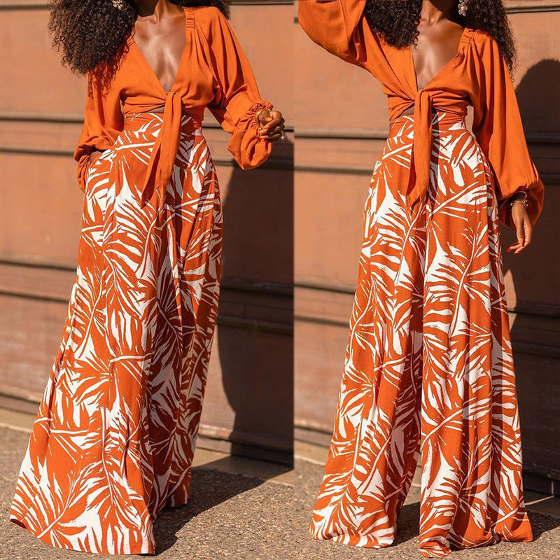 Women's Fashionable Printed Pants V-Neck Suit