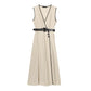 With Belt Linen Blend Midi Skirt V-neck Sleeveless Dress
