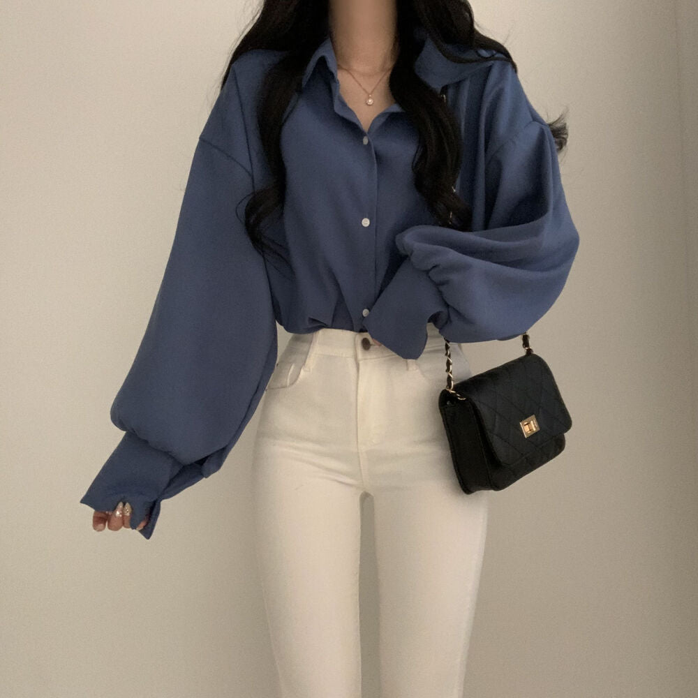 Simple Solid Color Long-sleeved Shirt For Women