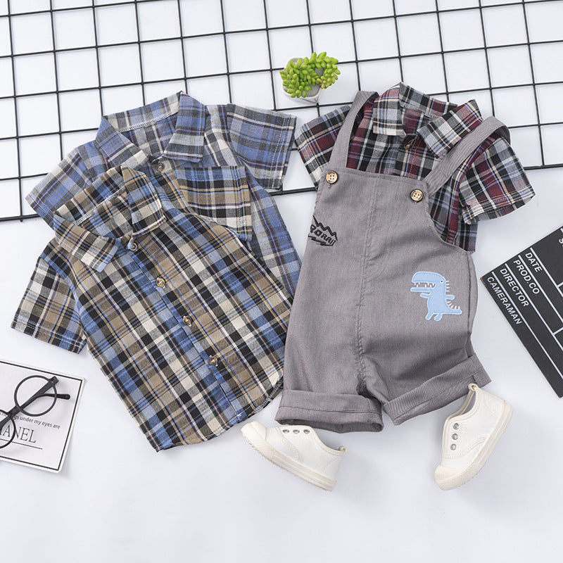 Summer Children's Suit Cotton Plaid Shirt Suspender Pants Two-piece Suit