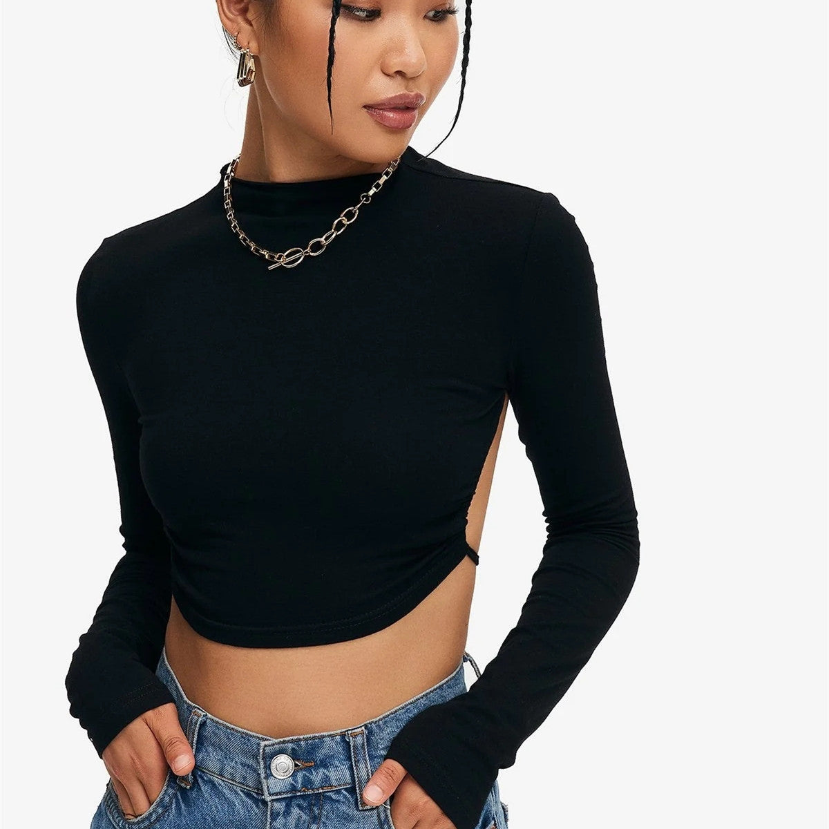 Crop top uni à nouer et dos nu avec ourlet incurvé