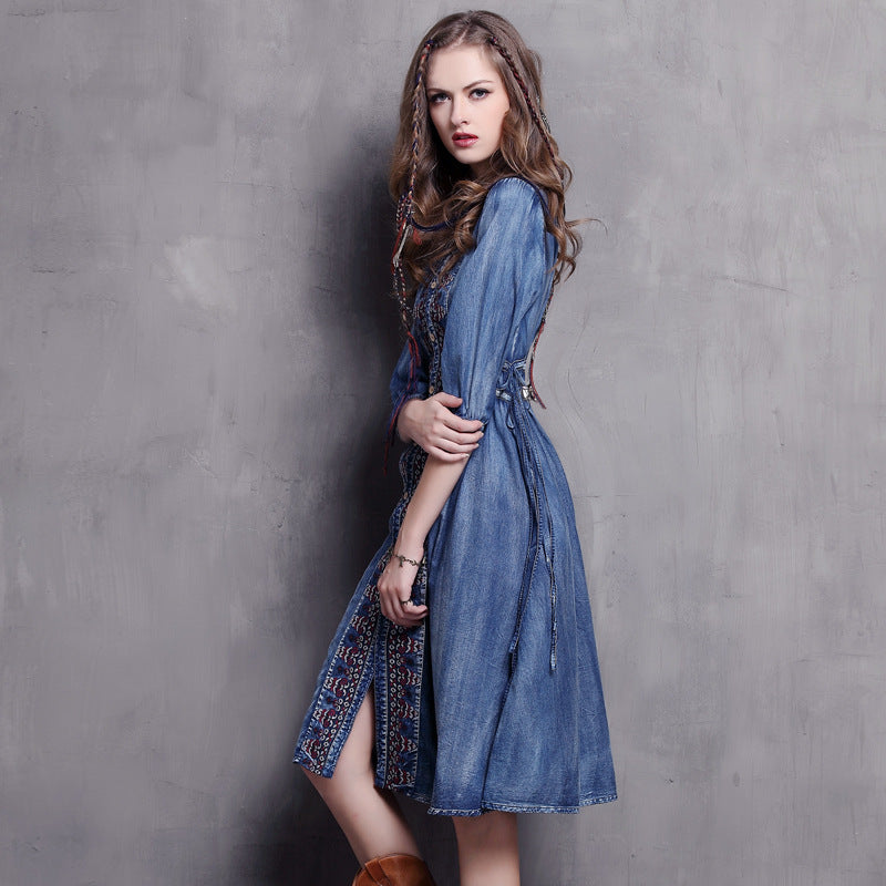 Women's Loose Mid Length Embroidered Drawstring Denim Skirt