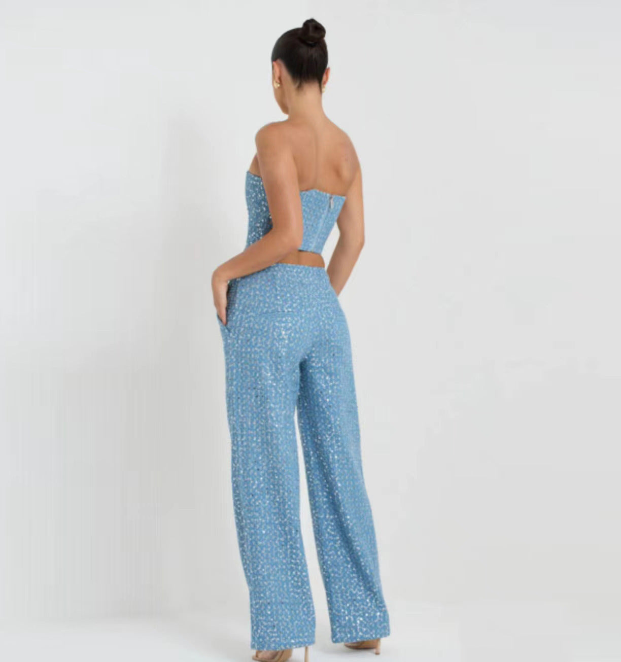 Ensemble haut tube en denim à paillettes et pantalon large