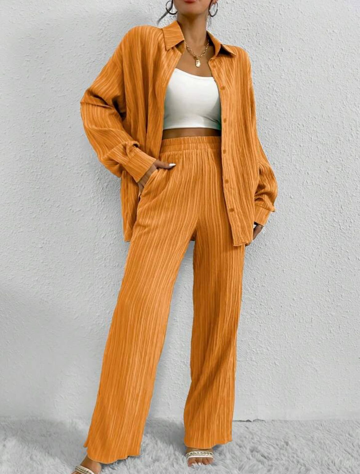 European And American Women's Clothing Solid Color Loose Drooping Smooth Pleated Casual Two-piece Suit