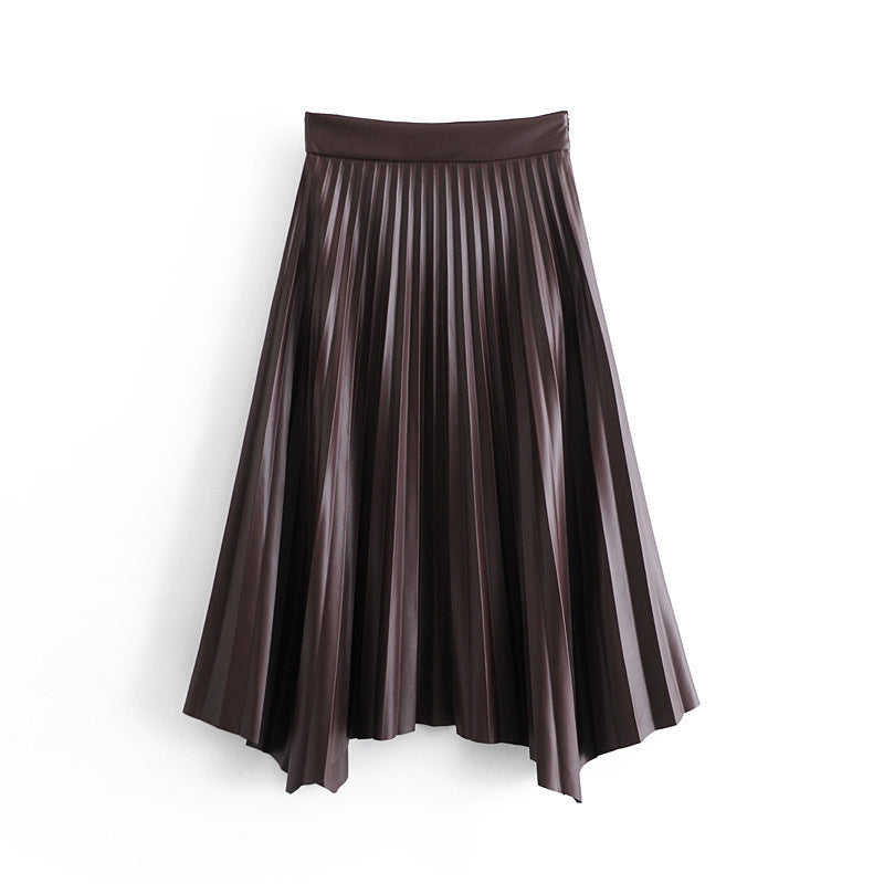 High Waist Pleated PU Leather Hem Irregular Skirt