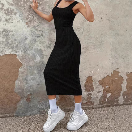 Solid Color Ribbed Matte Vest Style Long Dress Womens Style