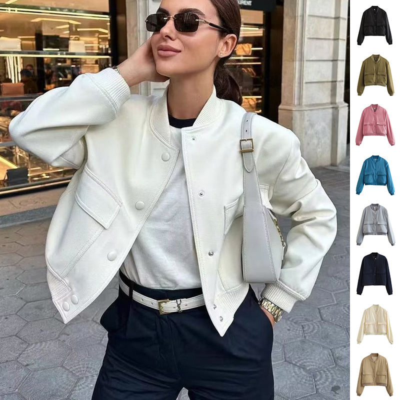 Veste courte décontractée à simple boutonnage et col montant avec poches, vêtement d'extérieur à manches longues et tendance pour femme