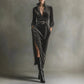 V-neck High Waist Solid Color Tie Slit Dress