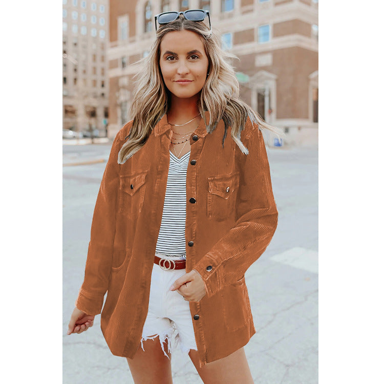 Women's Long Sleeve Solid Color Lapel Mid Shirt Jacket