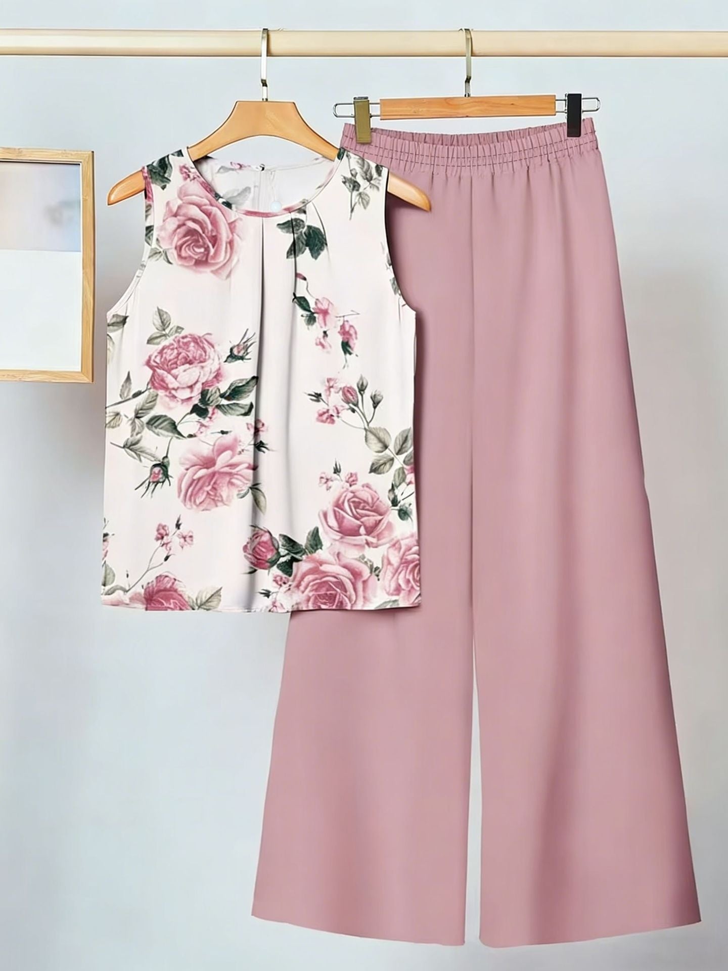 Womens Sleeveless Irregular Tank Top And Pants Fashionable Printed Two-Piece Set