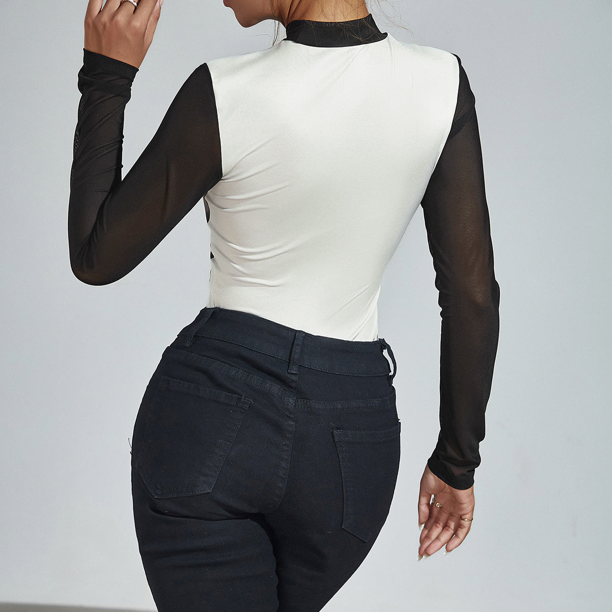 Womens Unique 3D Printed Niche Design Contrasting Color  Bodycon Long-Sleeve Jumpsuit