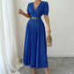 Cross V-Neck Defined Waist Slimming Puff Sleeve Patchwork Pleated Dress For Women