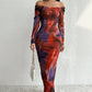 Printed Pleated Tight Split Square Collar Dress