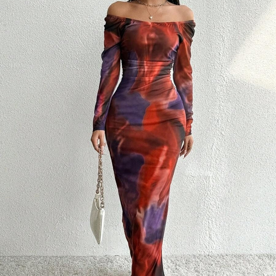 Printed Pleated Tight Split Square Collar Dress