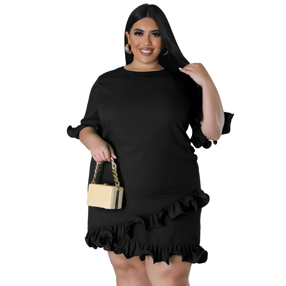 Slim-fit Round-neck Solid-color Casual Dress With Ruffled Hem