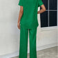 Women'S Elegant Solid Color Polyester 2pcs Set, Crew Neck Short Sleeve Top And Long Pants