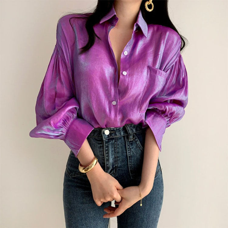 Lantern Sleeve Long Sleeve Shirt With Lapel Pocket