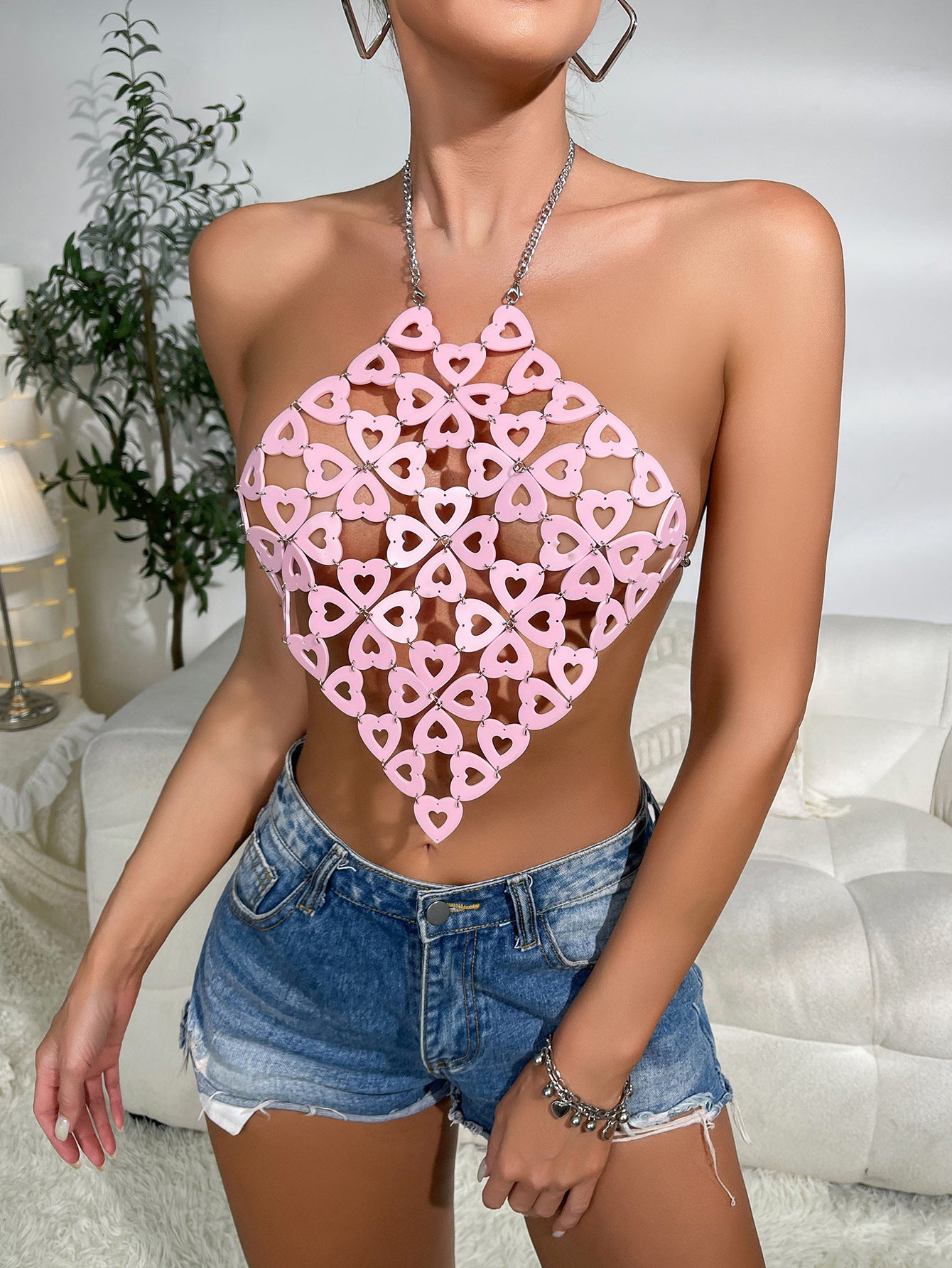 Heart Sequins Acrylic Metal Chain Stitching Halterneck Vest Women