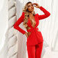 European And American Women's Clothing Midriff Outfit V-neck Long Sleeve Suit Hollow-out Wide-leg Pants