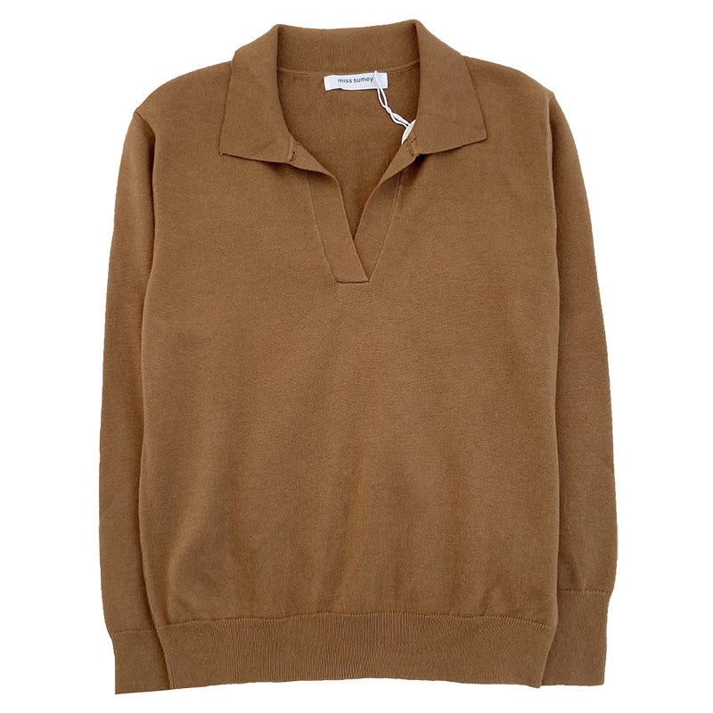 Women's Temperament Simple Lapel Slim Fit Long Sleeve Knit Sweater
