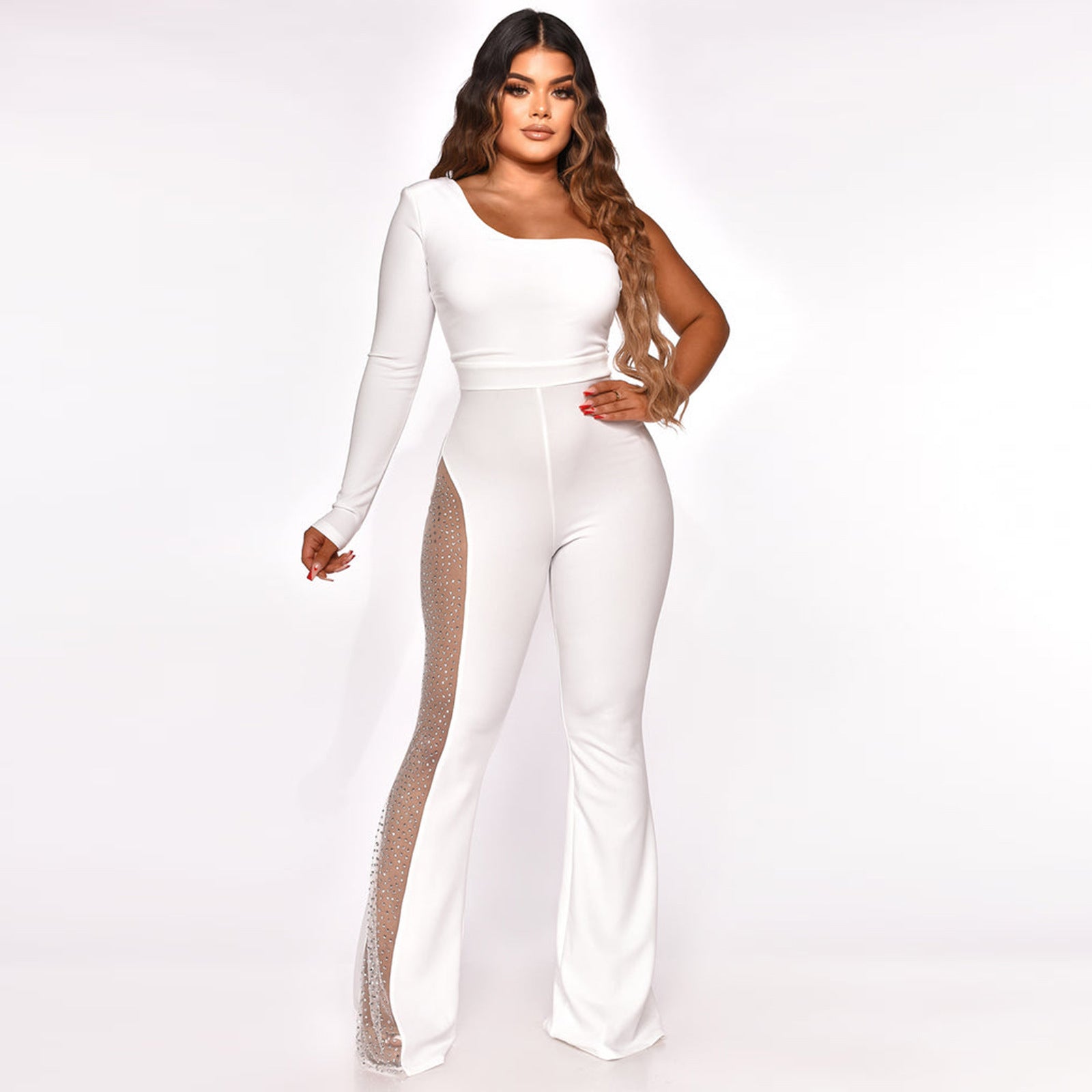 Fashion Mesh Patchwork Drilling Micro-pull Jumpsuit