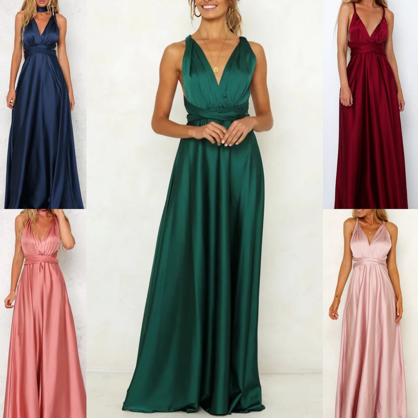 Deep V-neck Sleeveless Lace-up Backless High Waist Large Swing Satin Dress