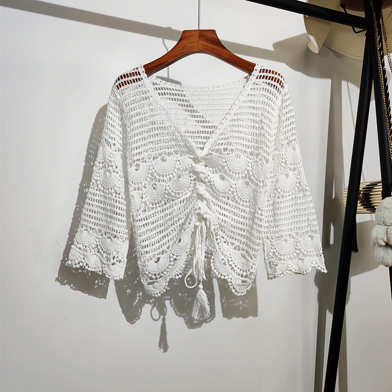 Drawstring Hollow V-neck Three-quarter Sleeve Sweater Women