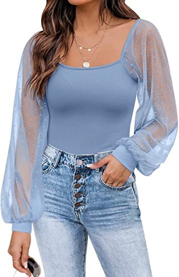 Women's Lantern Sleeve Stitching Slim Top