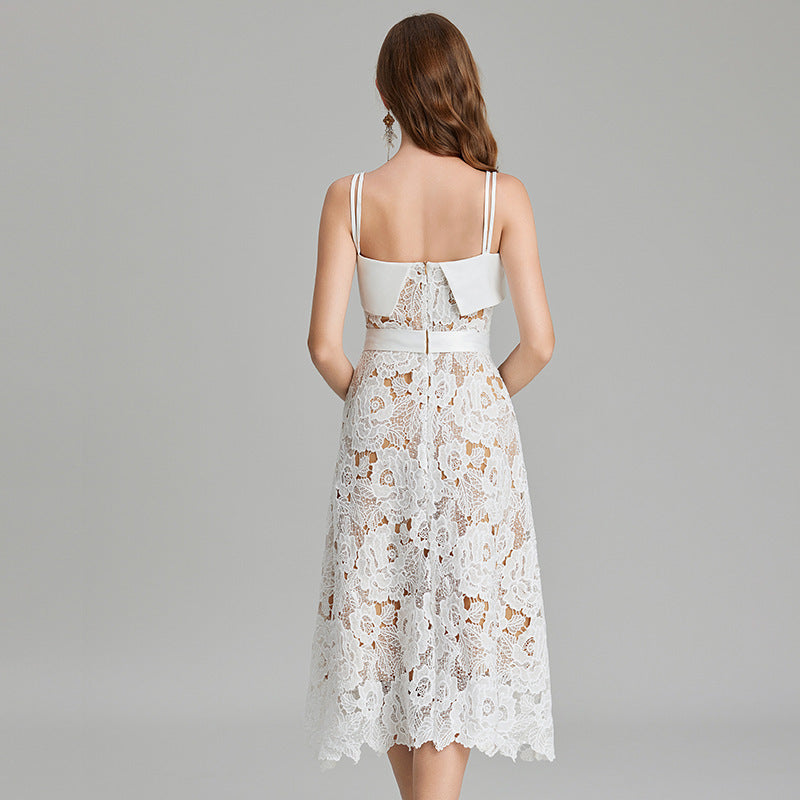 Crocheted Hollow Embroidery Stitching Lace-up Waist-controlled Slimming Dress