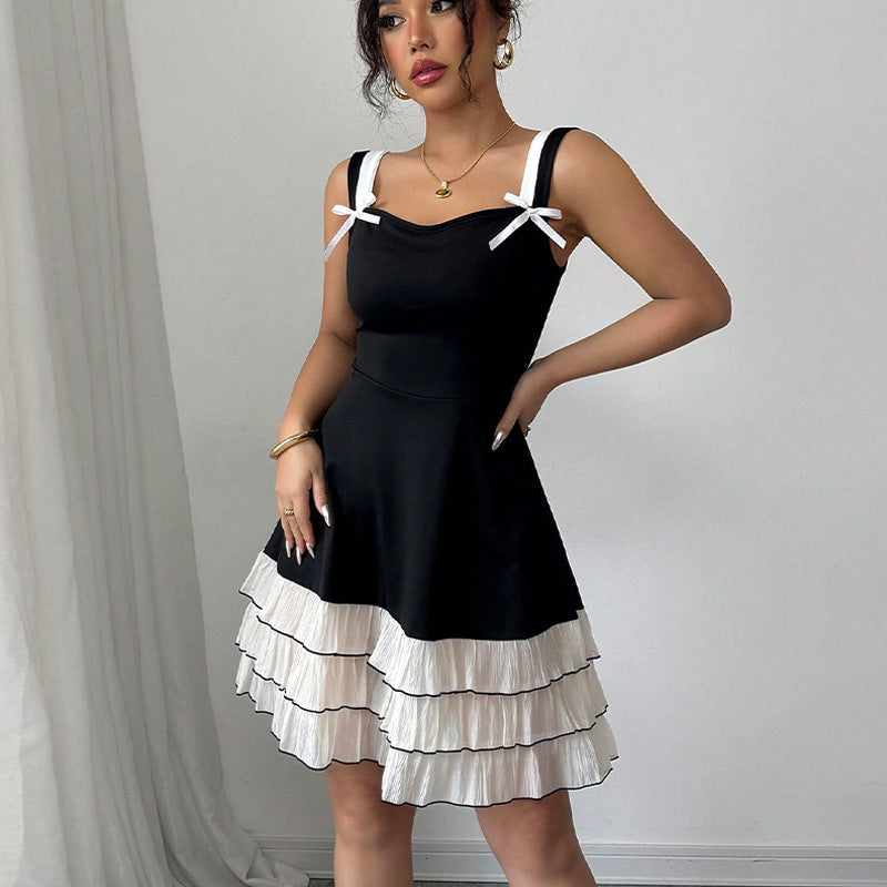 Women's Sling Contrast Color Multi-layer Cake Dress